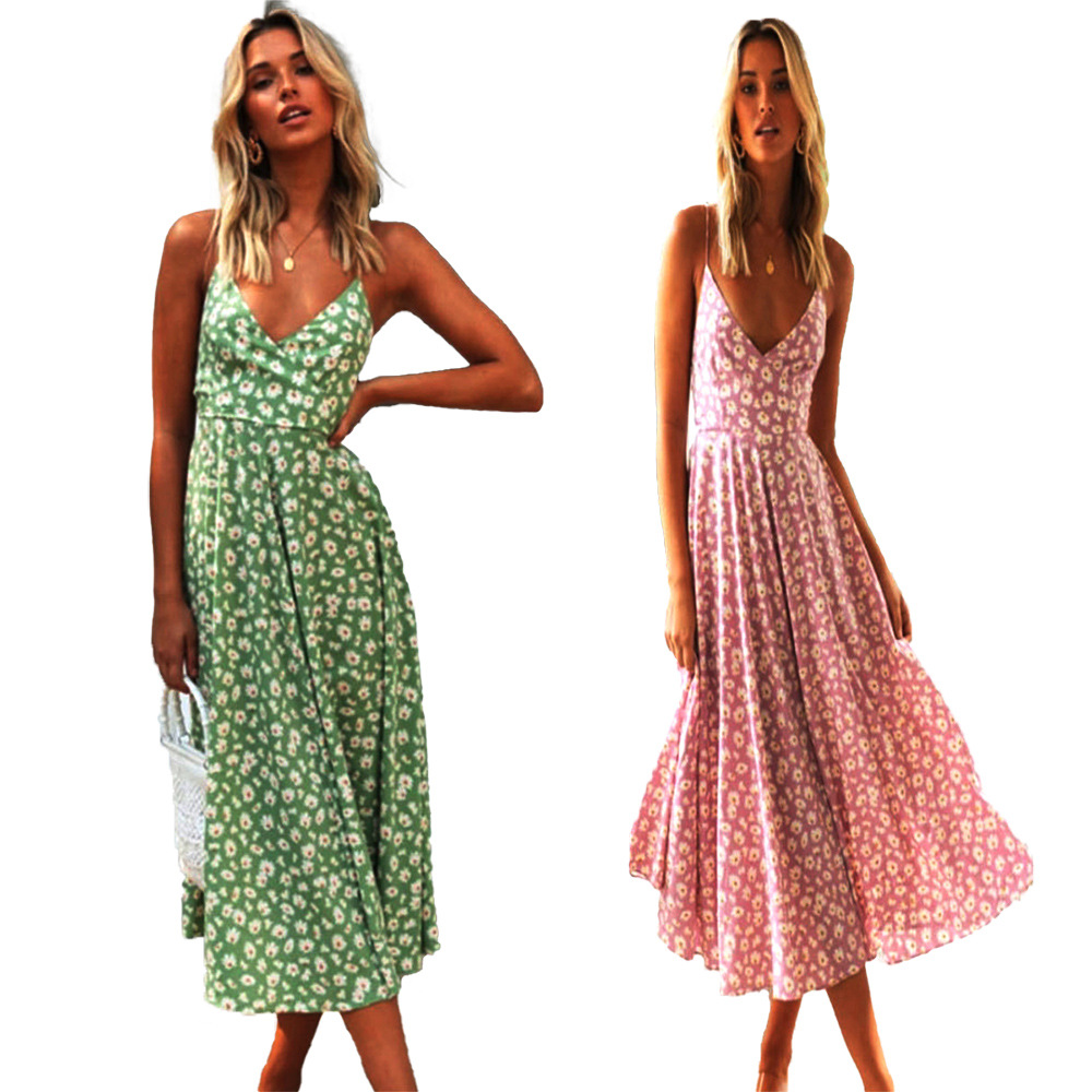 2023 Amazon Independent Station European and American Spring and Summer New Bohemian Sexy Sling Printed Beach Dress for Women