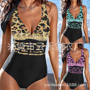 2023 New Swimwear Solid Color Bars Back Cross One-piece Swimsuit Striped Women's Slim-fit bikini Beach Suit