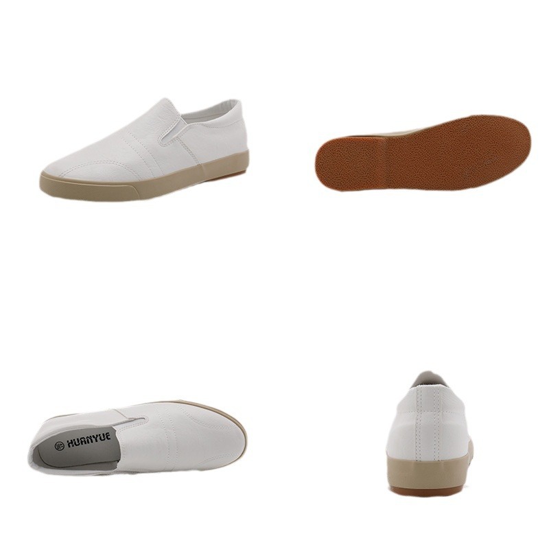 White shoes slip-on casual elastic men's shoes low-top lazy leather shoes Four Seasons lightweight rubber shoes khaki flat shoes