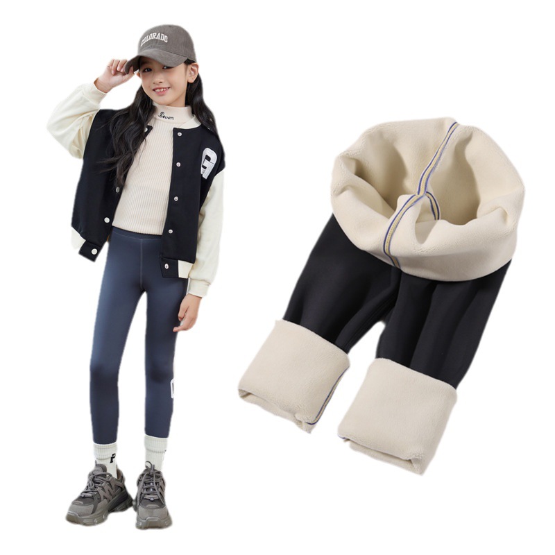 2023 New girls' leggings autumn and winter outer wear fleece-lined thick shark pants medium and large children's black warm pants
