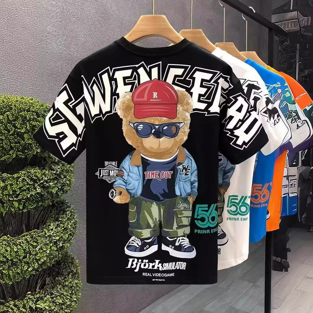 High quality drop shoulder cotton T-shirt men's 2024 Summer new fashion brand half sleeve top fun cartoon bear short sleeve t
