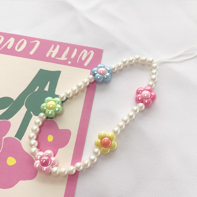 New sweet INS style fresh flower beaded mobile phone lanyard women's Little Red Book fashion mobile phone chain pendant