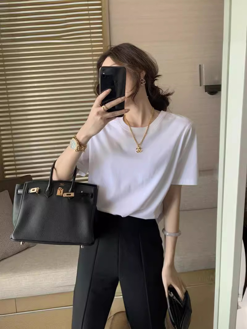 Heavy Cotton White Shoulder Short Sleeve T-shirt Women's Summer Loose Inner Base Printed Top ins Wholesale
