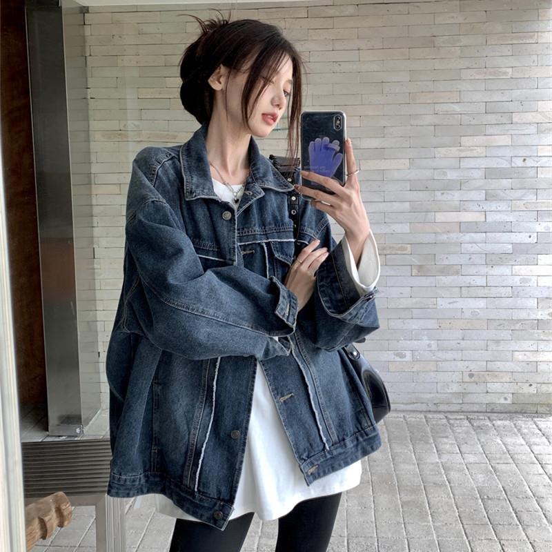 2025 Spring and Autumn New Korean Style Street Style Retro Washed Denim Coat Women's Rust Distressed Denim Loose Trendy