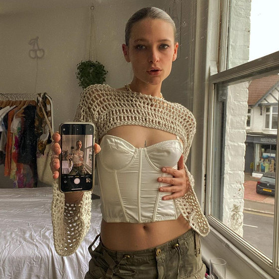 European and American style woolen crocheted hollow bell sleeve short blouse fashion new style solid color street fashion outdoor personalized top