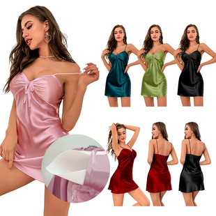Yaoting 2023 Amazon ice silk pajamas women's summer backless strap short nightdress with chest pad women's homewear 3239