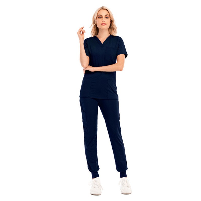 New Sports Leisure Solid Color V-Neck Short Sleeve Pocket Nurse Clothing Medical Care Clothing Split Nurse Work Uniform Set