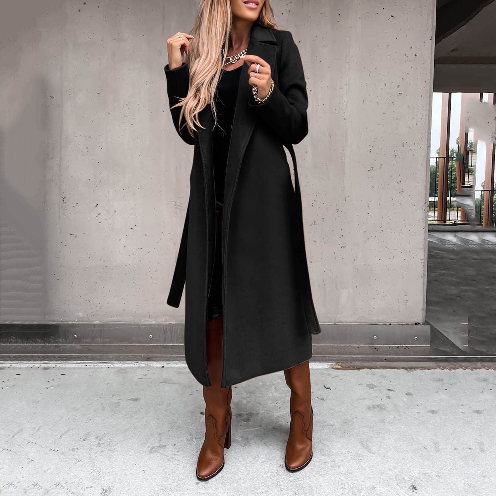 2023 cross-border Amazon European and American autumn and winter women's clothing solid color lapel long sleeve woolen coat simple bandage windbreaker
