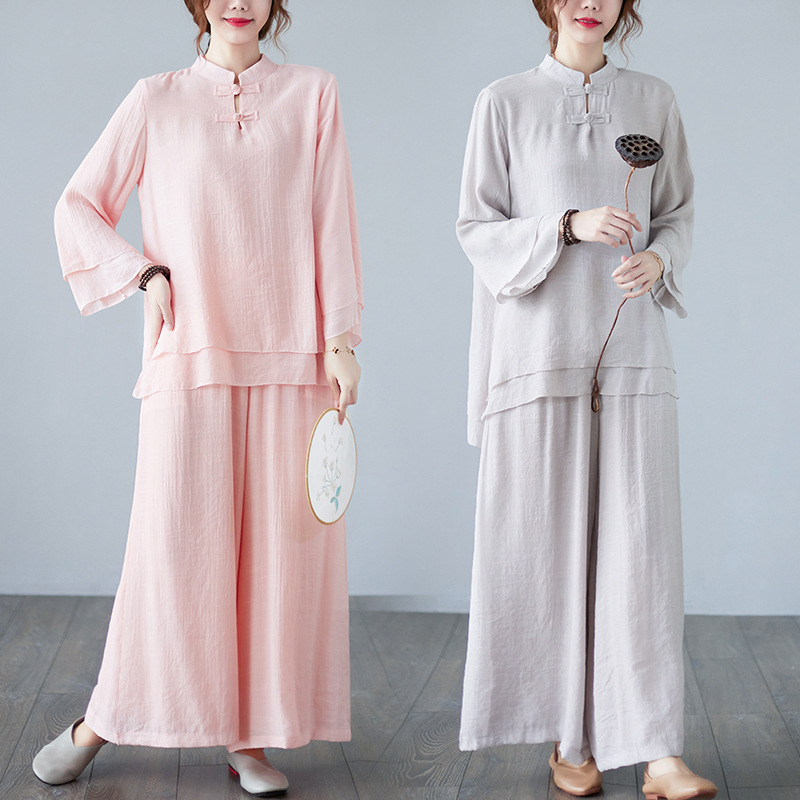 One-piece delivery 2023 Autumn New Chinese style buckle top wide leg pants two-piece long sleeve yoga clothes suit