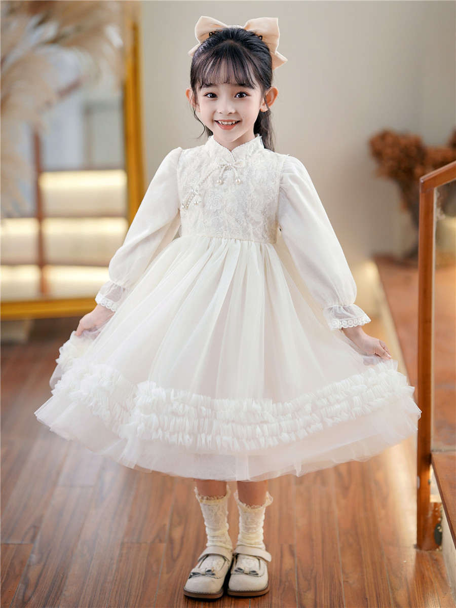 Girls' dress spring new Chinese cheongsam stand collar children's dress Princess dress little girl Western style mesh skirt
