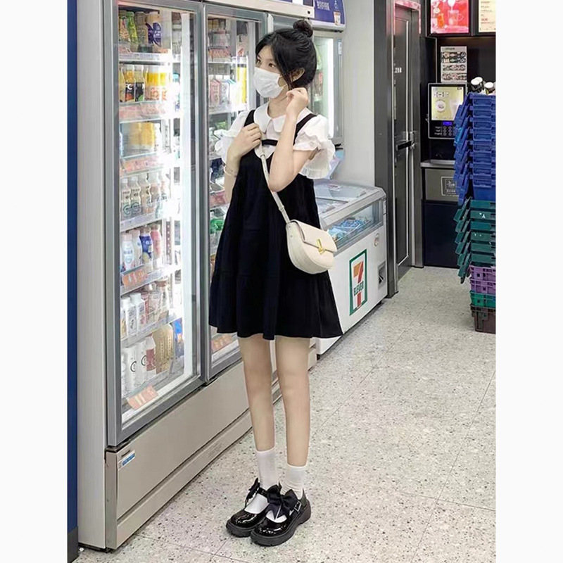 College Style Strap Dress Women's High-end Sweet Fresh Doll Collar First Love Little Man Black Dress for Summer