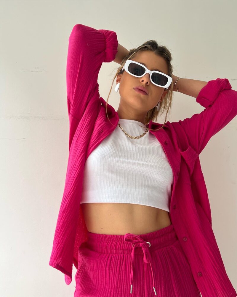 2023  European and American Women's Wrinkled Lapel Long Sleeve Shirt High Waist Drawstring Shorts Fashion Casual Two-Piece Set_voghion.com