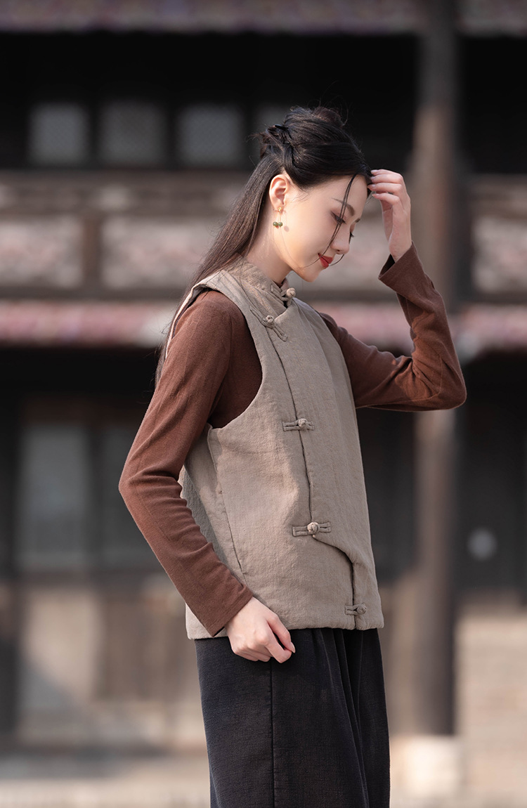23 cotton and linen women's clothing New National style vintage buckle cotton vest top women's sand wash linen quilted warm vest_voghion.com
