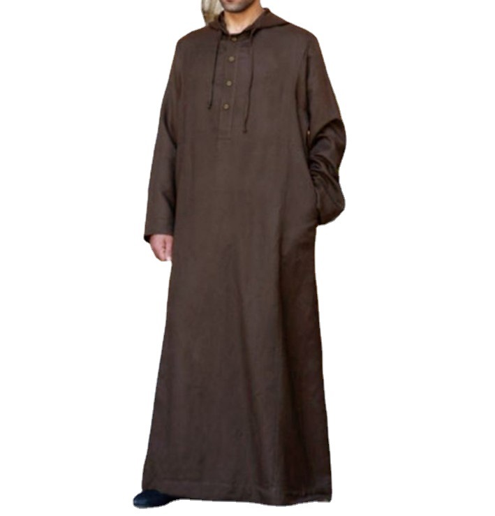 2024 Cross-border Foreign Trade AliExpress Arabic Style Simple Long Men's Hooded Shirt Muslim Robe for Men