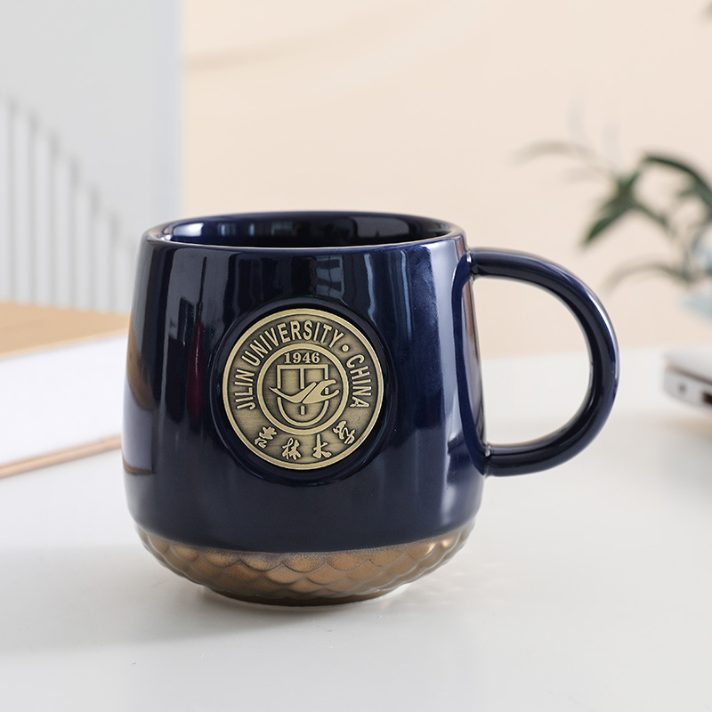 Peking University copper brand fish scale pattern mug can be customized logo copper seal coffee cup holiday gift water cup gift gift
