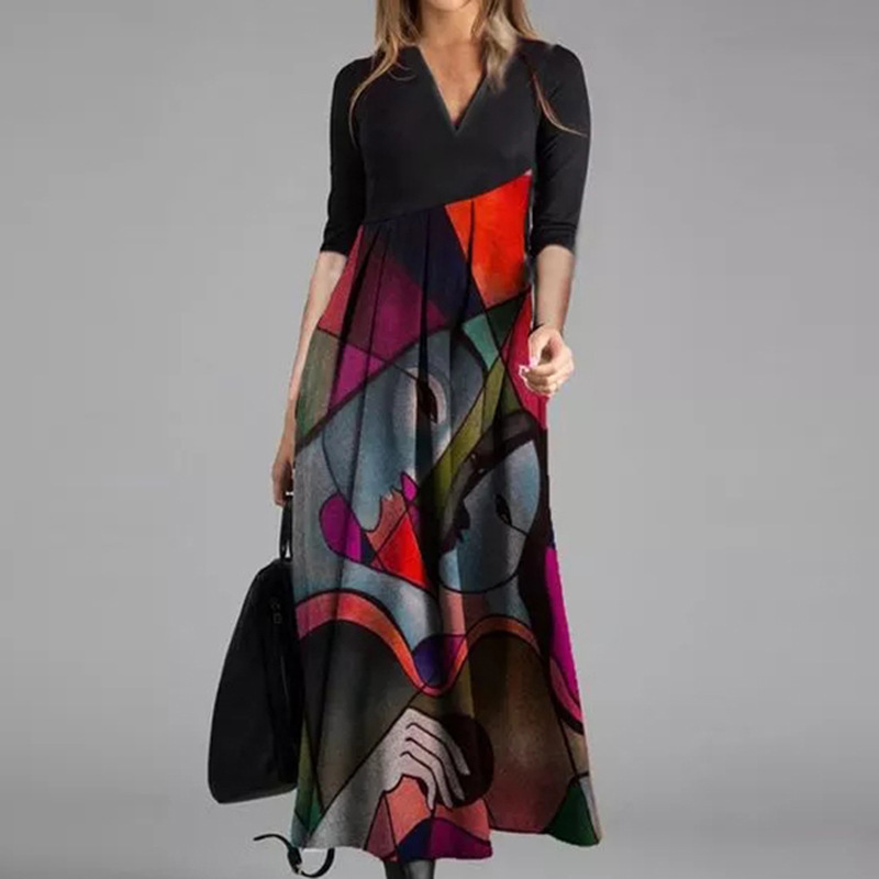 2 2022 new printed cotton dress pullover high-grade Xiaoxiang red temperament commuter mid-waist long dress