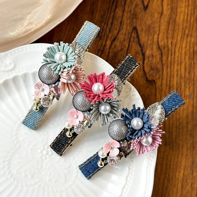 Rhinestone velvet black bangs clip high-grade side clip duckbill clip  style back head Pearl Rhinestone hairpin_voghion.com