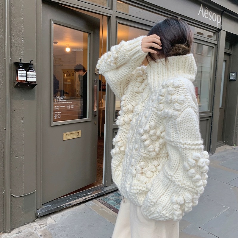 Autumn and Winter Design feeling lazy style loose thickened all-match turtleneck white handmade ball sweater coat knitted cardigan_voghion.com