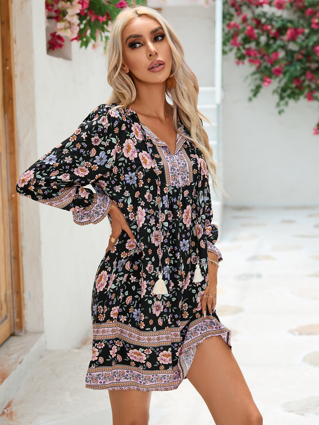 Real shot in stock Amazon independent station rayon positioning flower fresh skirt female Bohemian new dress