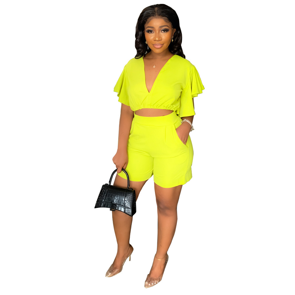 9758 Cross-border European and American Amazon Ruffled Short V-neck Top Casual Shorts Summer Two-piece Set