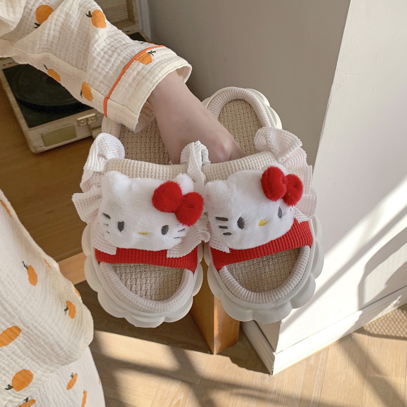Spring and Summer New Sanrio Linen Slippers Women's Cartoon Household Four Seasons Indoor Breathable Thickened Bottom Home and Household