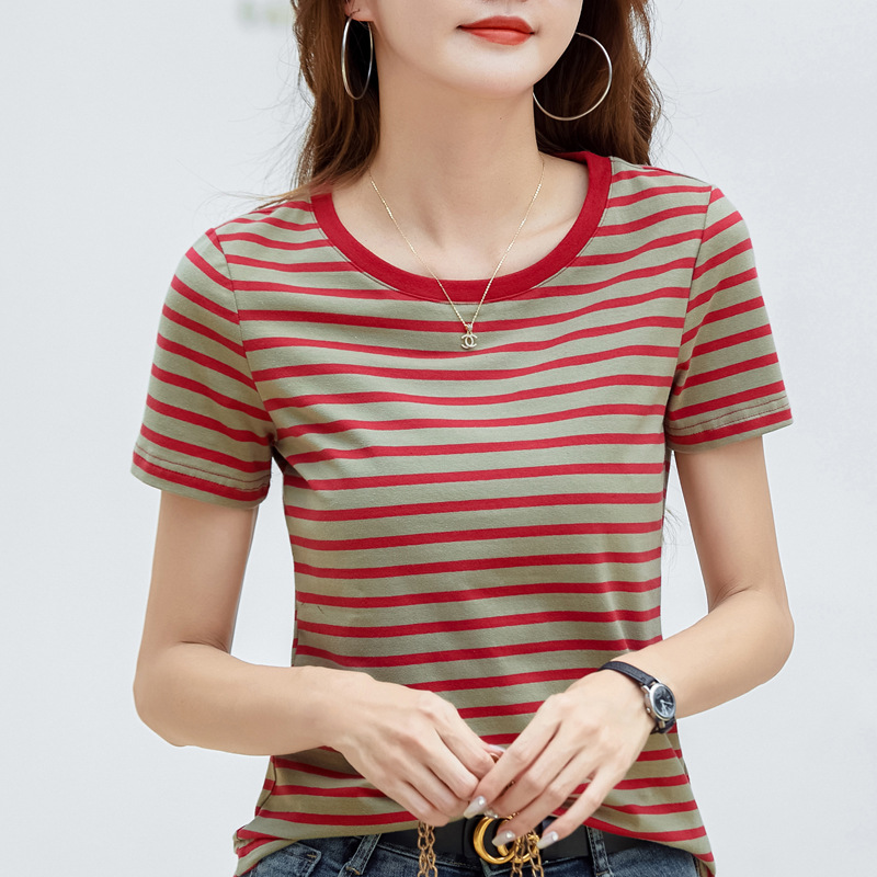 366 Summer Striped Retro Top Korean-style All-match Loose Round Neck Short-sleeve Niche Design Colorful Contrast T-shirt