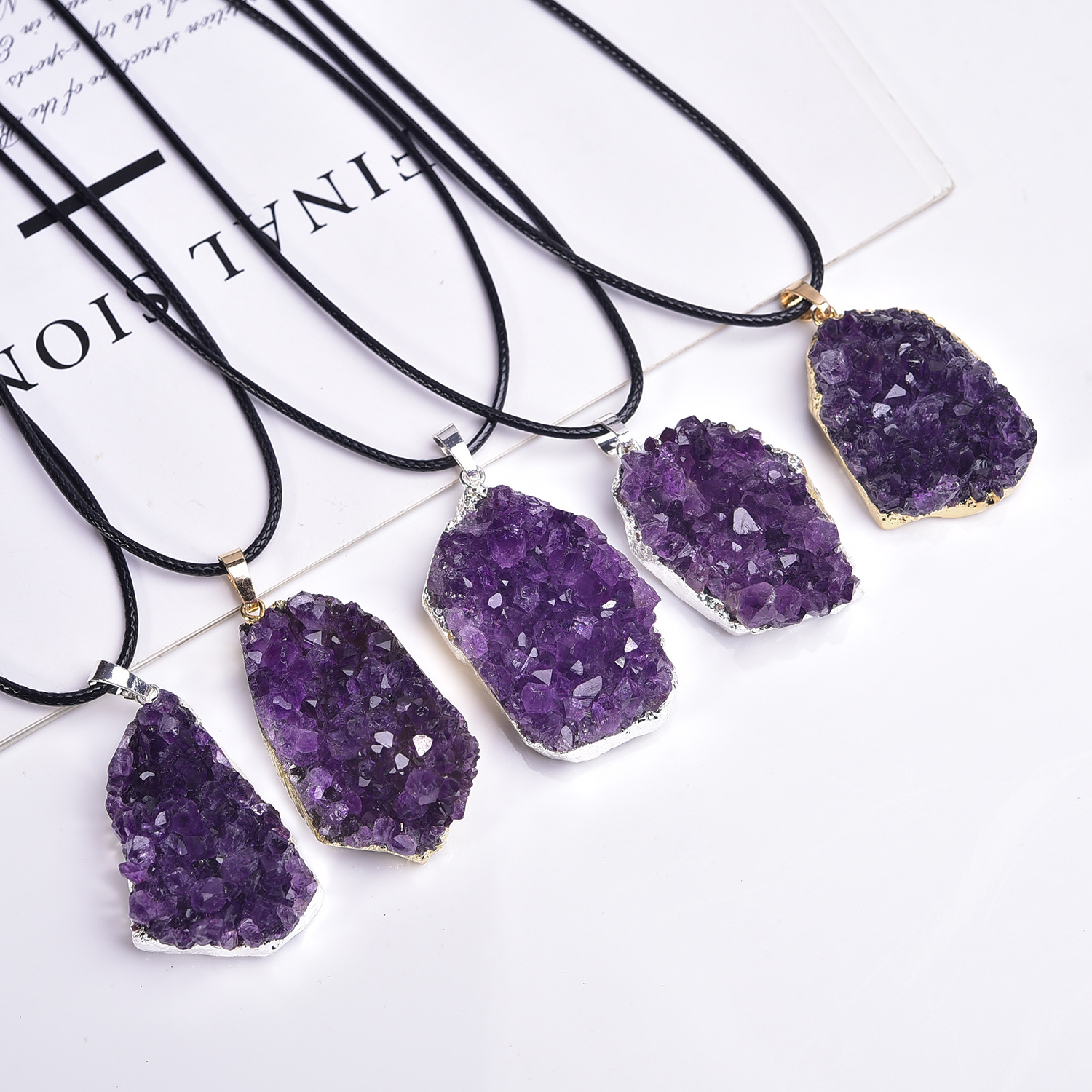 Natural Amethyst Cluster Pendant Amethyst Cluster Original Stone Men's and Women's Necklace Gold-plated Silver Edge Crystal Pendant Cross-border