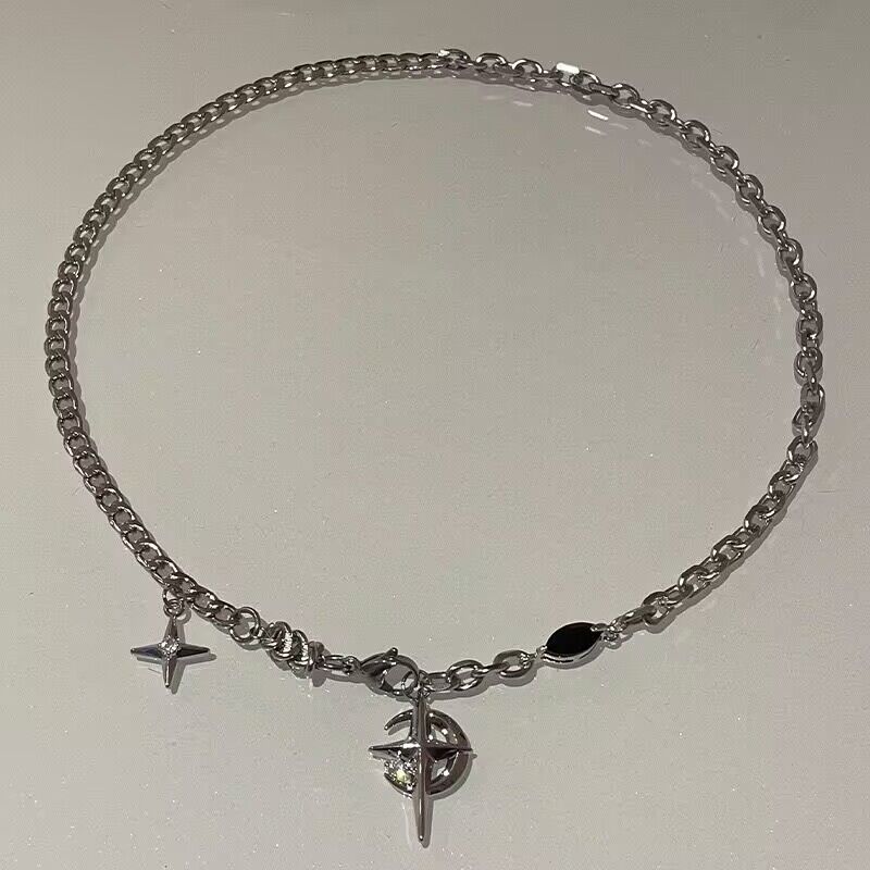 Titanium steel necklace black gem Awn star European and American hip hop Street necklace boys niche design high-grade clavicle chain