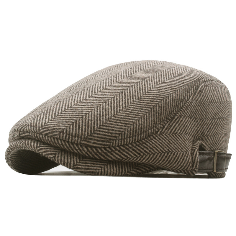 Foreign trade hat winter fleece-lined thick newsboy hat adjustable men's herringbone tweed beret warm forward hat