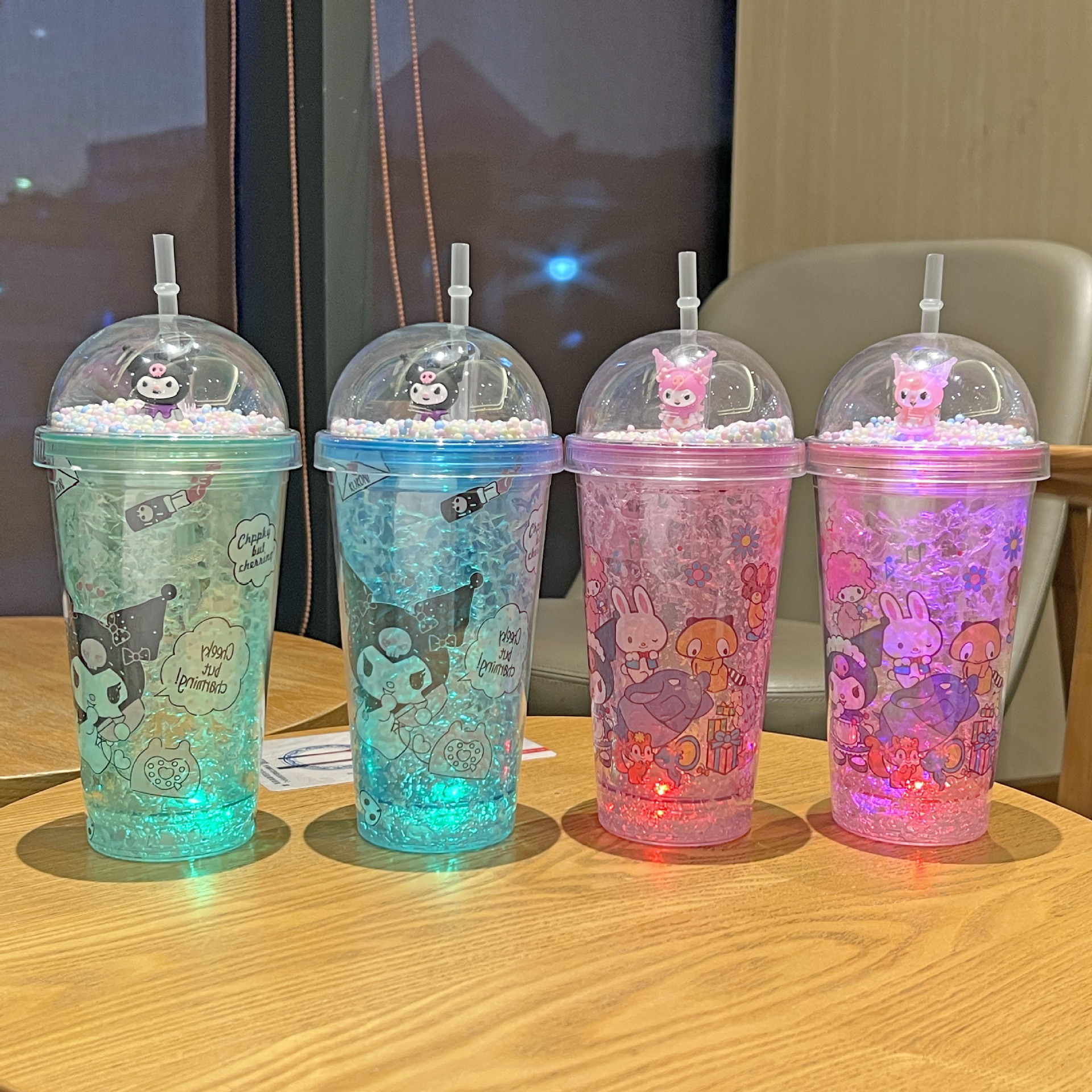 Cross-border new high-value summer net red kulomi cartoon plastic water cup straw water cup double-layer crushed ice cup