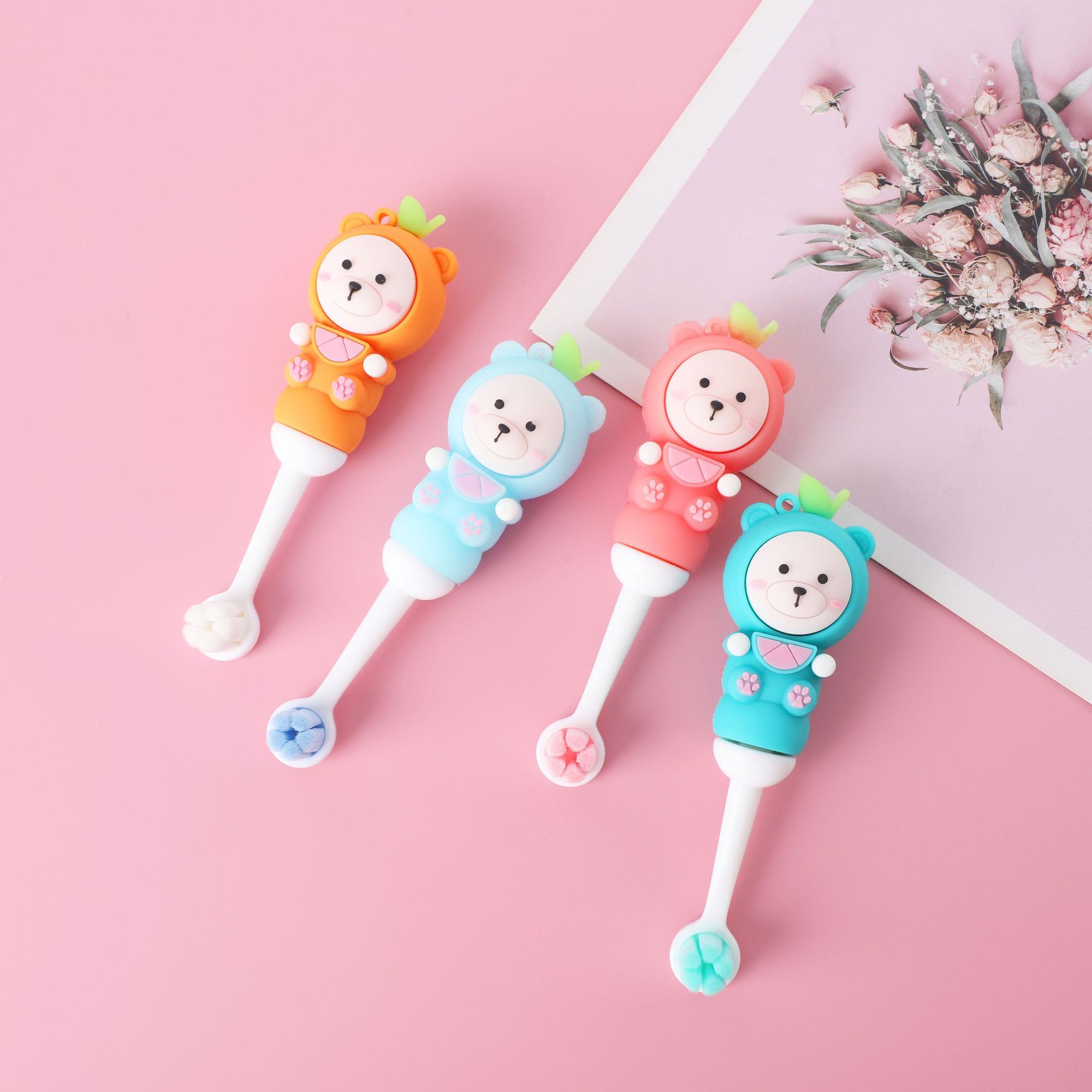 Children's soft hair silicone toothbrush cute fruit bear toothbrush 0-9 years old baby boys and girls supermarket wholesale children's toothbrush