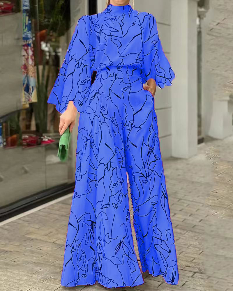 2022 Summer European and American Women's Clothing Amazon Elegant Elegant Waisted Lace-up Long Sleeve Neck Trousers Printed Jumpsuit