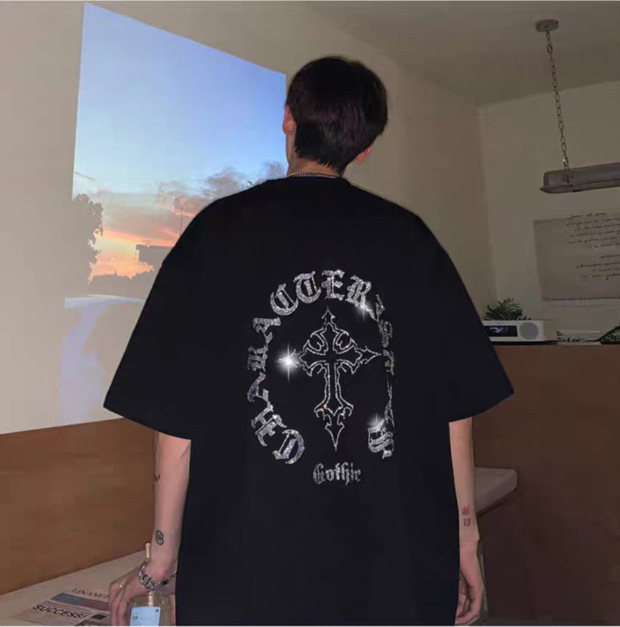 American Street T-shirt High Street Pure Cotton chic Hong Kong Style Top Short Sleeve Men's Summer Cross Hot Diamond Couple Half Sleeve