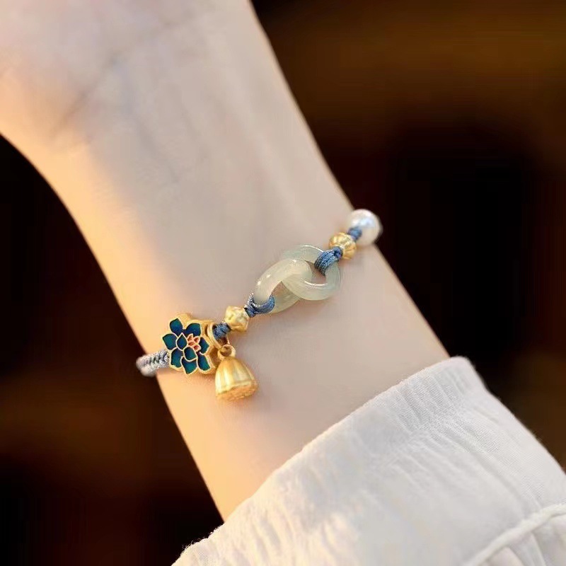 Chinese Style Safe Buckle Bracelet Women's Imitation Hetian Jade Bracelet Crystal Beaded Flower Bracelet Women's Gift Bracelet for Girlfriends