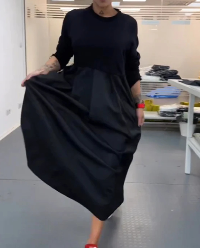 秋冬新款亞馬遜跨境歐美純色圓領長袖連衣裙女裝歐美時尚顯瘦