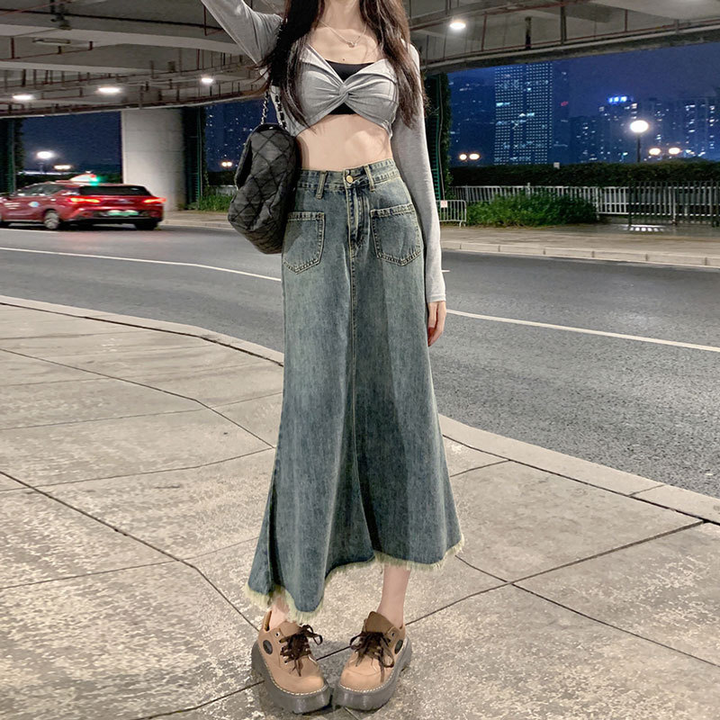 Denim Skirt Women's Summer New ins Style Korean Style High Waist Slimming A- line Skirt Niche Design Sense Burr Edge Fishtail Skirt