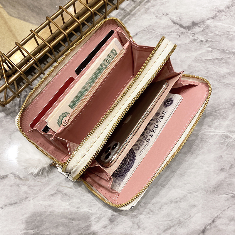 Women's Long Wallet 2022 New Multi-card Korean Double Zipper Clutch Rhombic Fur Ball Women's Wallet