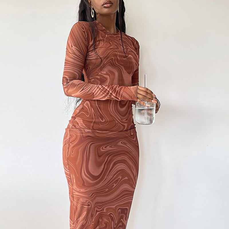 European and American-style tight-fitting mid-length dress round neck long sleeve printed hip wrap skirt pullover foreign trade dress vintage dress