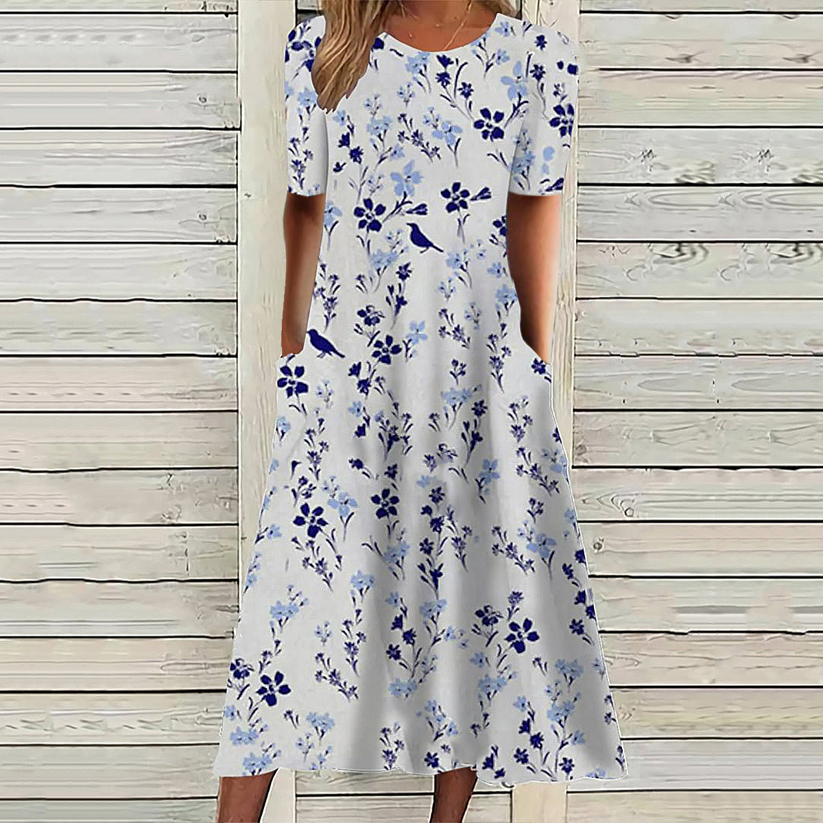 2023 cross-border hot sale Amazon summer casual women's clothing dress round neck printed elegant pocket