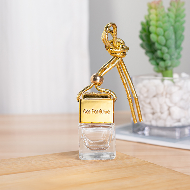 8ml square transparent water cube gold and silver black car perfume bottle gold and silver black hollow square Car pendant
