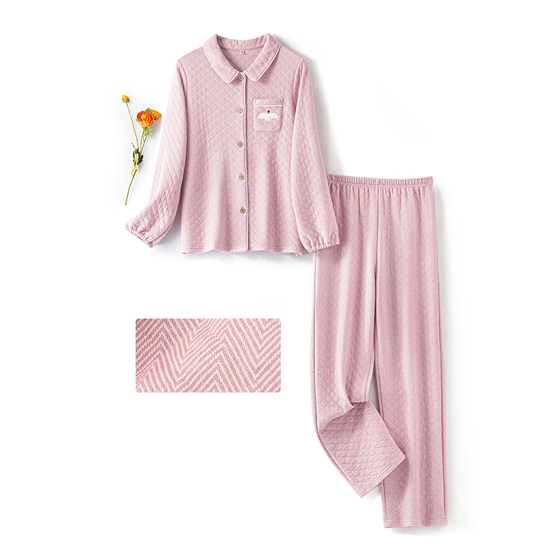 Autumn and Winter New Three-layer Warm Cotton Thickened Air Layer Embroidered Loosened Pajamas for Couple suit Home Clothes