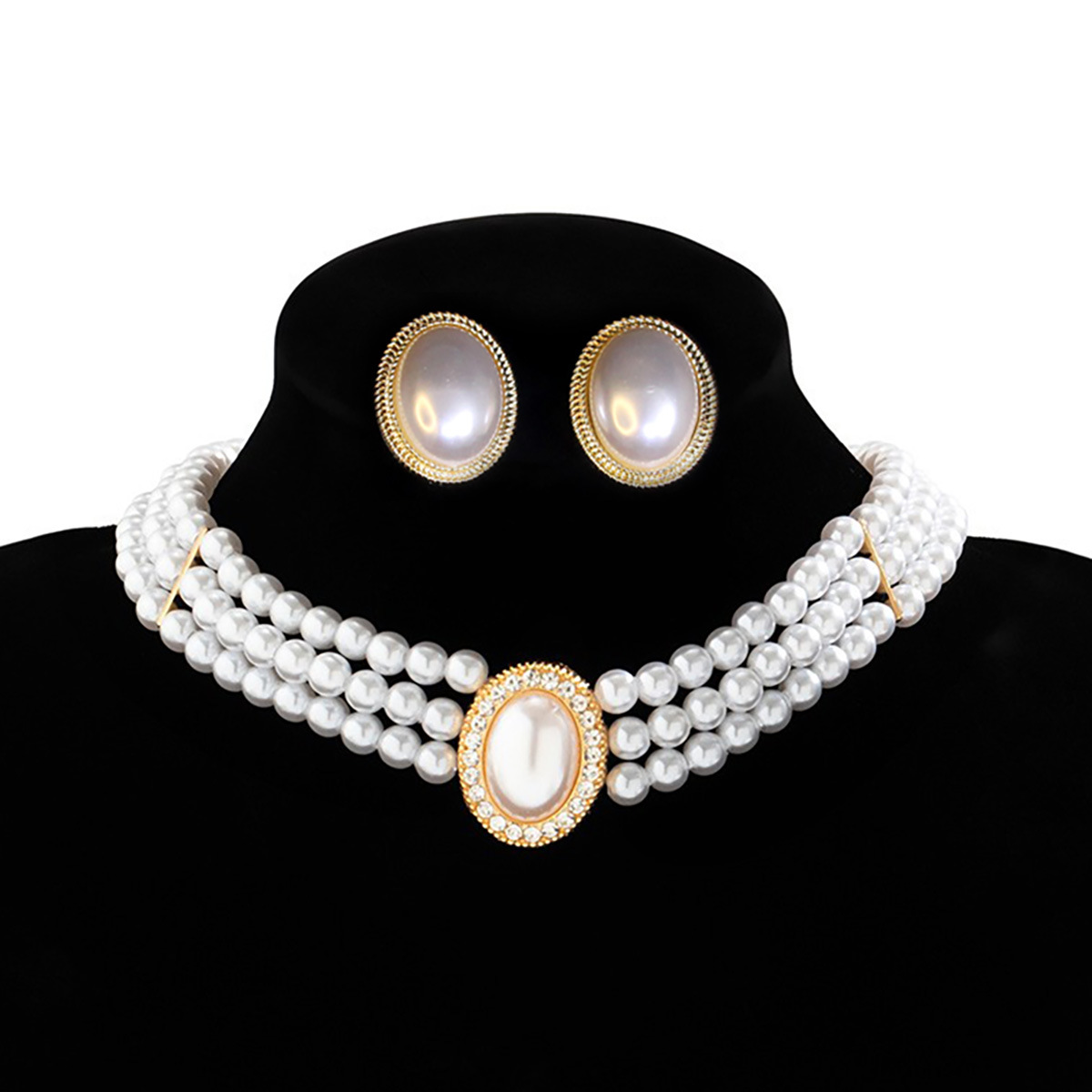 New Entry Light Luxury Vintage Oval Flash Diamond Bridal Pearl Necklace Women's French Style Dress Wedding Dress Performance Chain Earrings