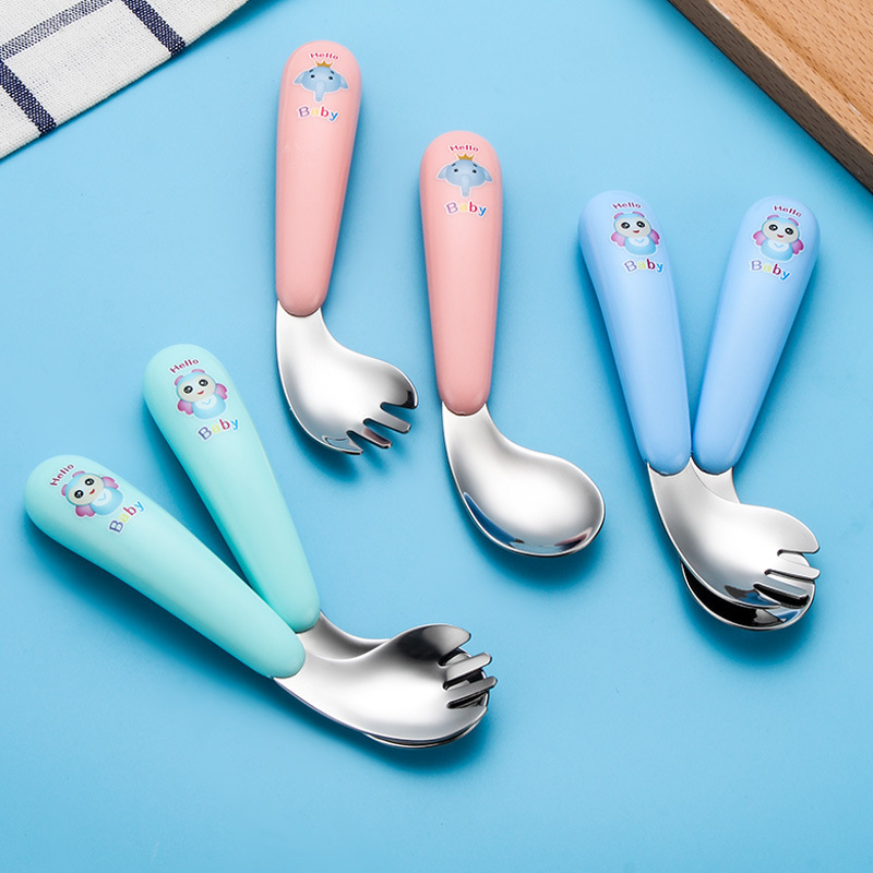 Factory direct Nordic three-color curved spoon Fork creative pattern set Children Baby curved spoon baby spoon wholesale