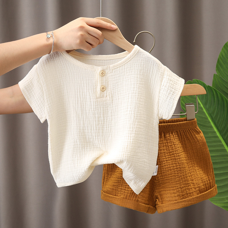 ins Summer Simple Japanese and Korean Style Baby Cotton Yarn Lightweight Breathable Set Boys' Baby 2-Piece Set Children's Wear Loose