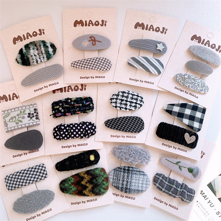 新款秋冬氣質黑灰系幾何格紋刺繡髮夾兒童寶寶發卡劉海夾邊夾BB夾