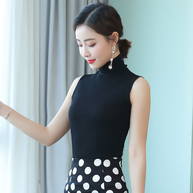 2023 Spring and Summer New Black High Collar Exterior Wear Sleeveless Vest Women's Inner Base Shirt Tight Top with Slip Sleeve T-shirt