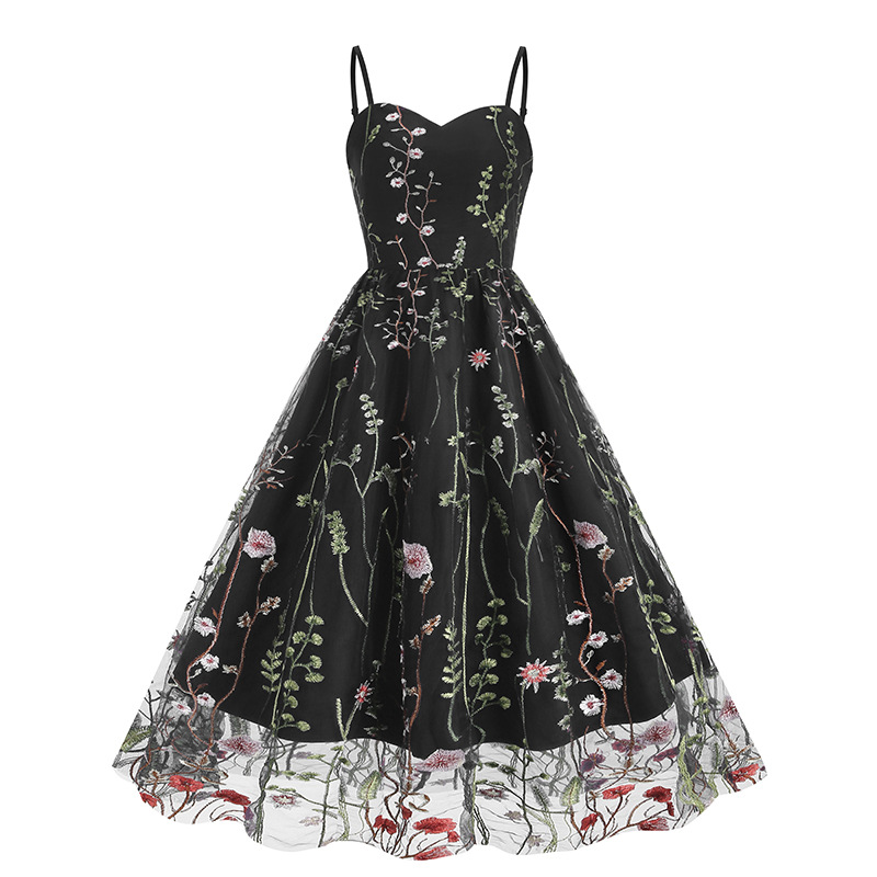 Amazon dress Europe and the United States cross-border strap embroidery mesh stitching explosions retro 50s Europe and the United States dress