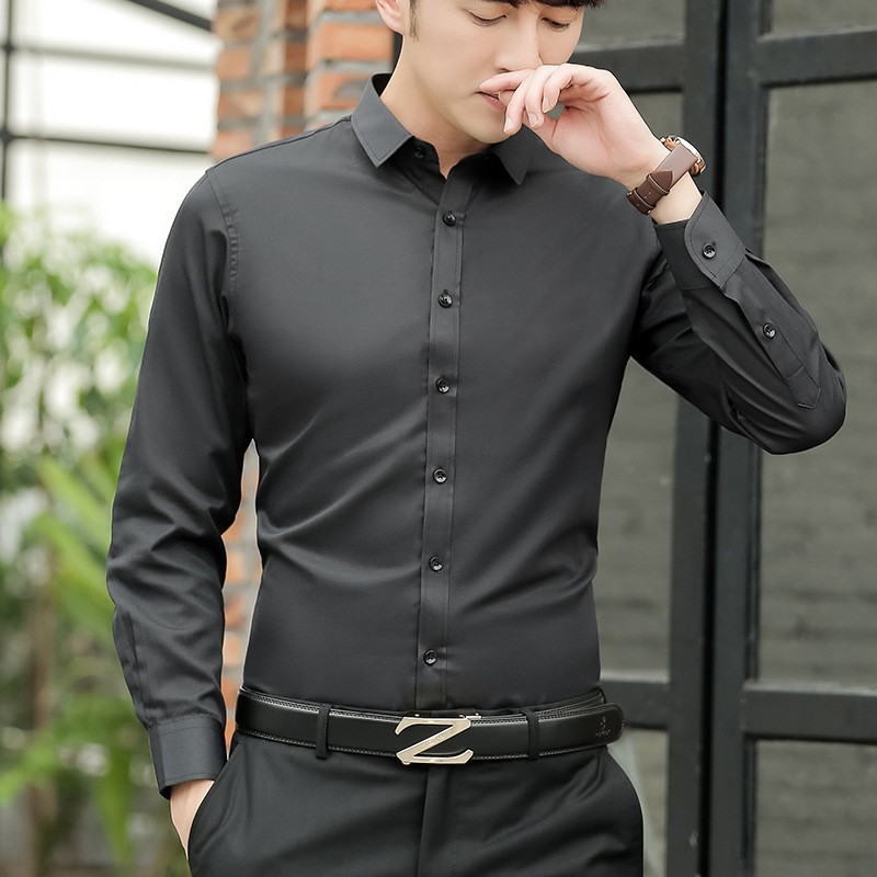 Men's Business black long-sleeved shirt plain professional formal wear men's non-ironing waiter work clothes shirt