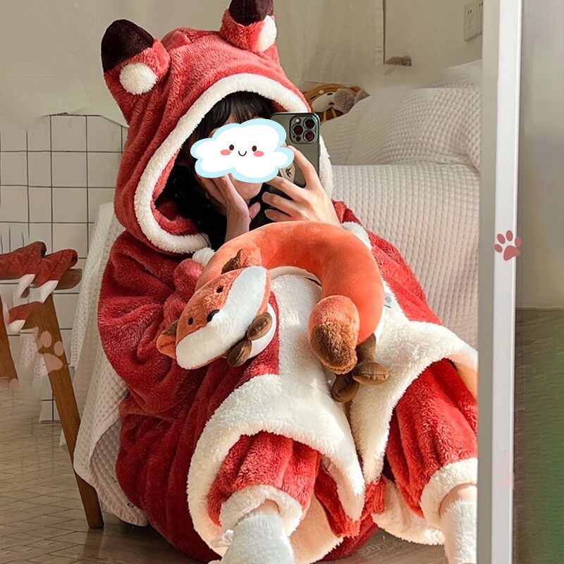 Internet Celebrity Autumn and Winter Warm Little Fox Nightgown Women's Cute Girl's Velvet Thickened Loose Student's Long Pajamas for Women