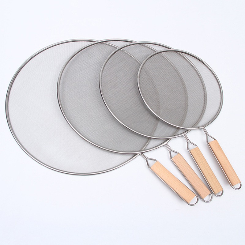 Factory wholesale silver splash-proof oil mesh cover stainless steel explosion-proof cover kitchen wok splash-proof oil wooden handle oil cover